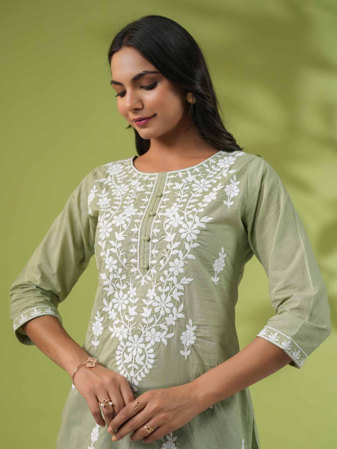 Sage Cotton Chikankari Regular Tunic