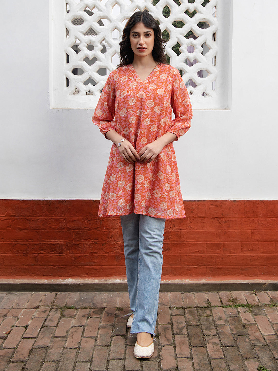 Orange Georgette Floral Regular Tunic