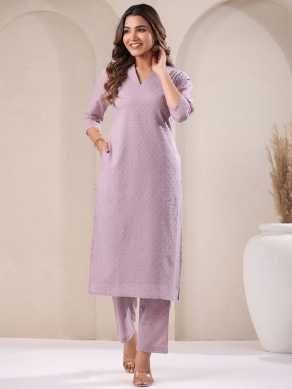 Lavender Dobby Pure Cotton Self Design Straight Kurta Pant Set