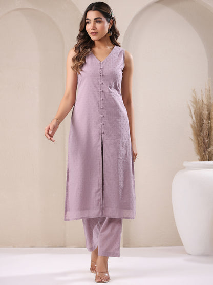 Lavender Pure Dobby Cotton Self Design Straight Kurta Pant Set