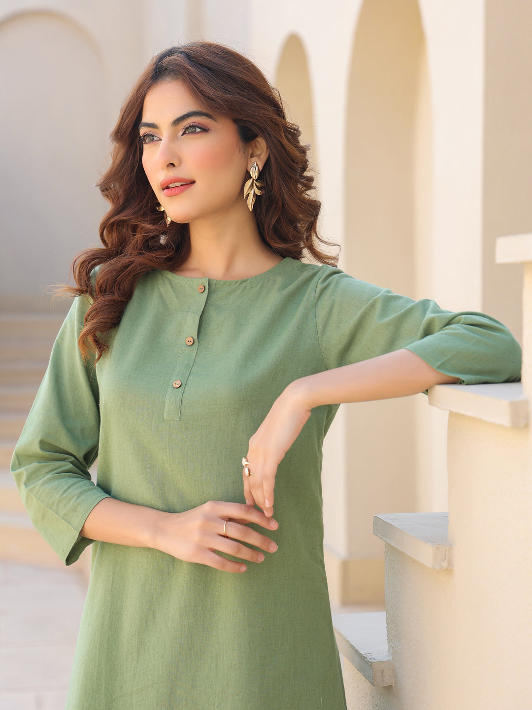 Green Cotton Solid A-line Co-ords Set