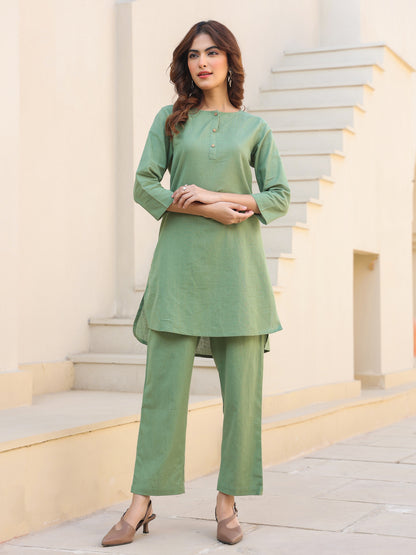 Green Cotton Solid A-line Co-ords Set