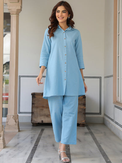 Light Blue Cotton Solid A-line Co-ord Set