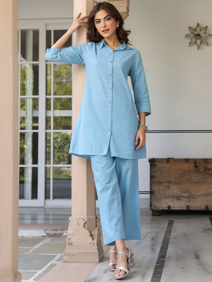 Light Blue Cotton Solid A-line Co-ord Set