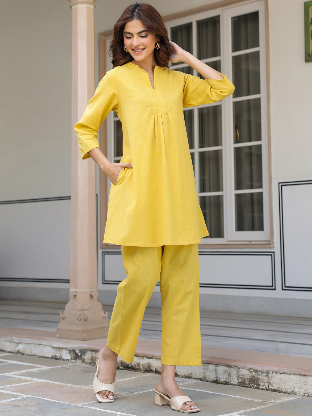 Yellow Cotton Solid A-line Co-ords Set