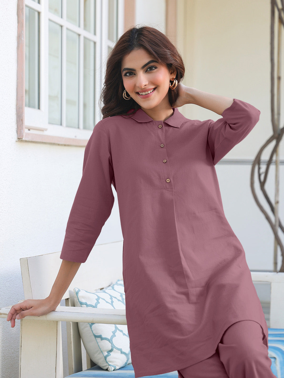 Mauve Cotton Solid A-line Co-ord Set