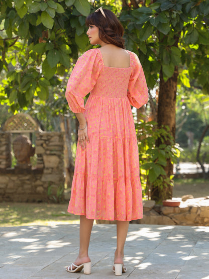 Peach Georgette Floral Printed Tiered Dress