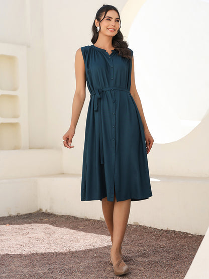 Teal Blue Rayon Solid A-line Dress