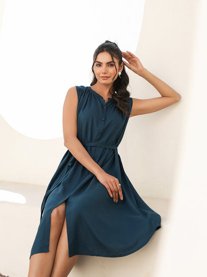Teal Blue Rayon Solid A-line Dress
