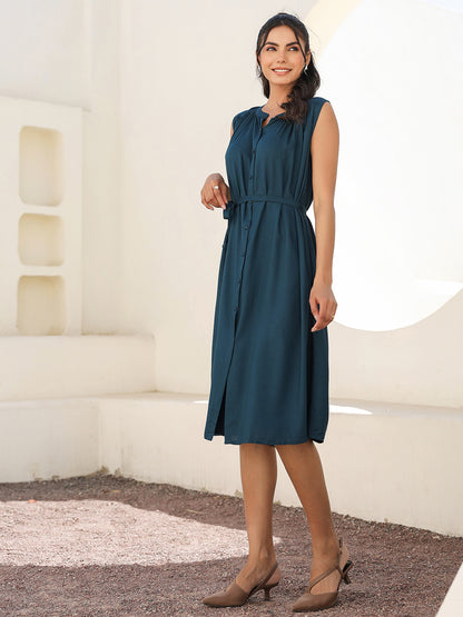 Teal Blue Rayon Solid A-line Dress