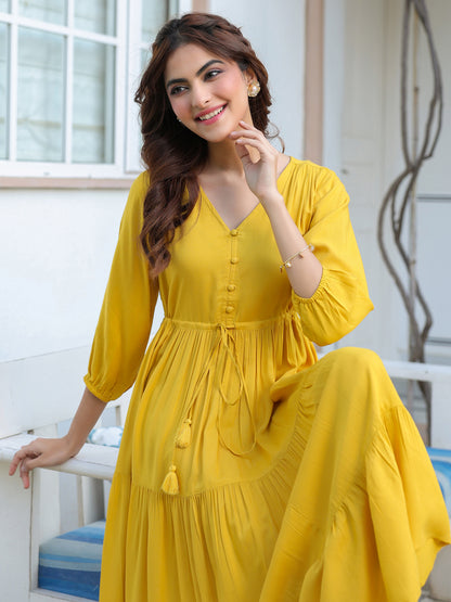 Yellow Rayon Solid Tiered Dress