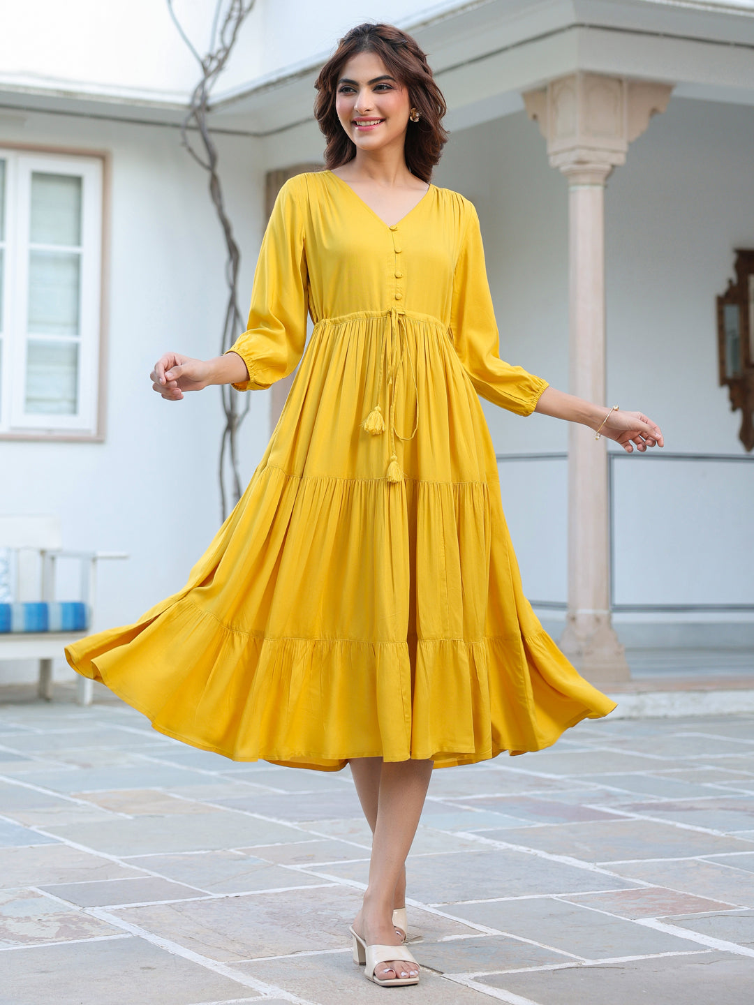 Yellow Rayon Solid Tiered Dress