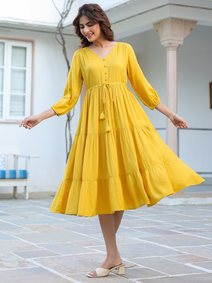 Yellow Rayon Solid Tiered Dress