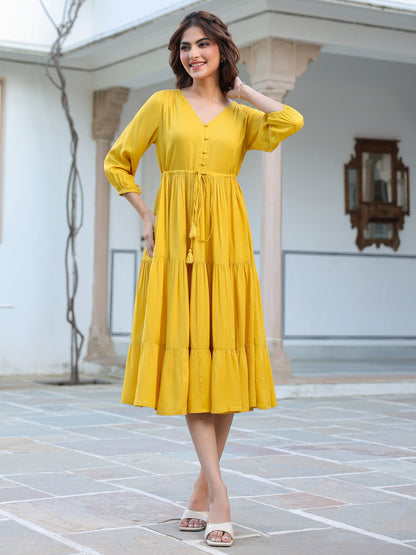 Yellow Rayon Solid Tiered Dress