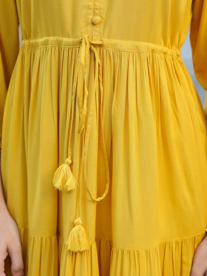 Yellow Rayon Solid Tiered Dress