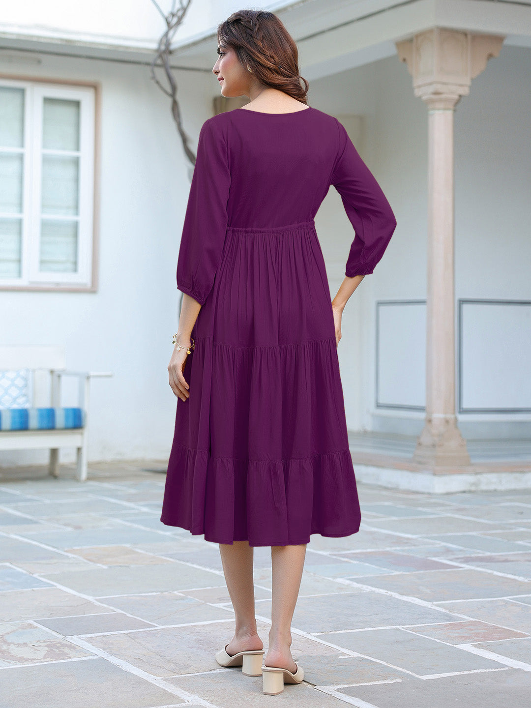 Purple Rayon Solid Tiered Dress