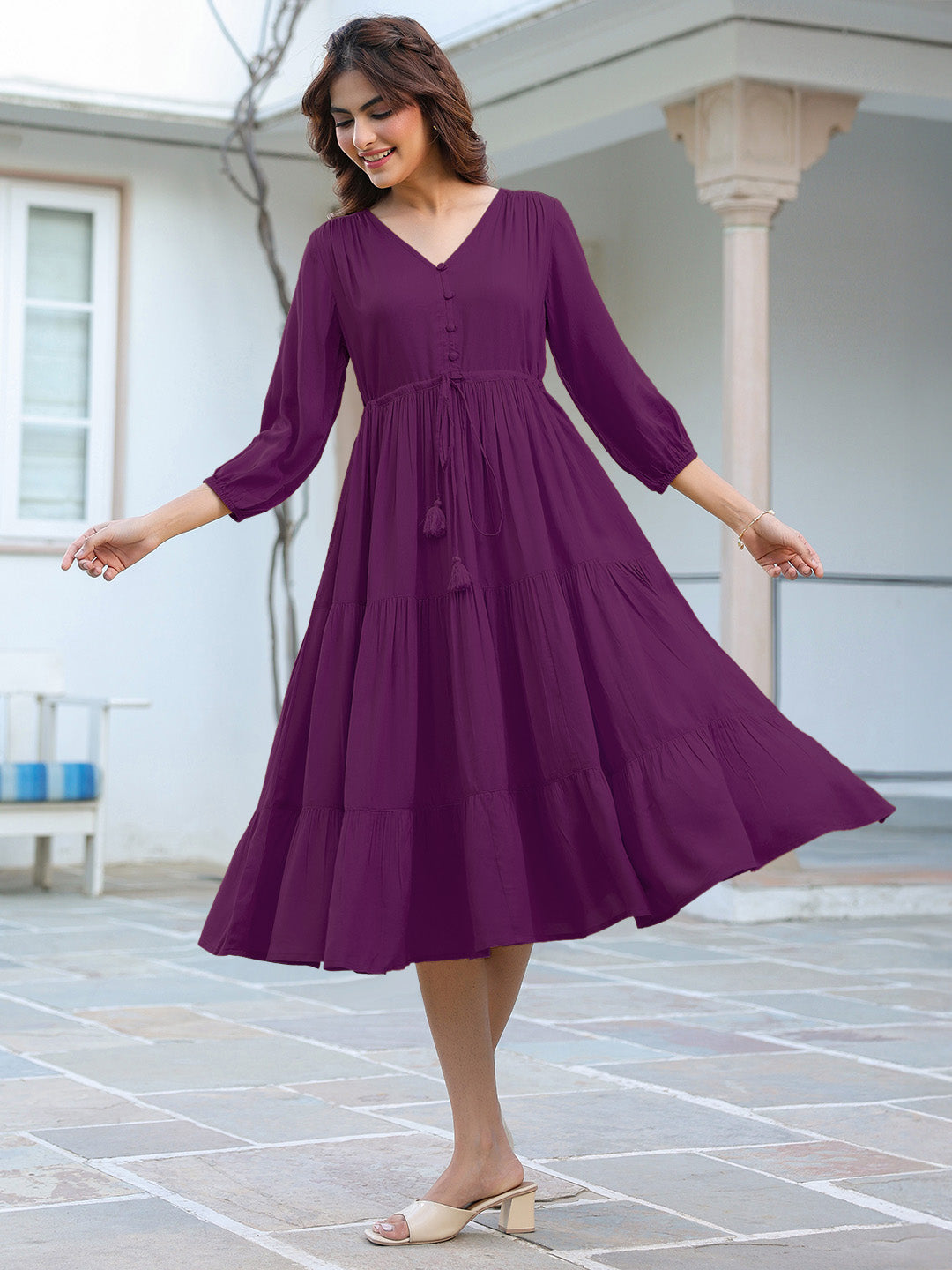 Purple Rayon Solid Tiered Dress