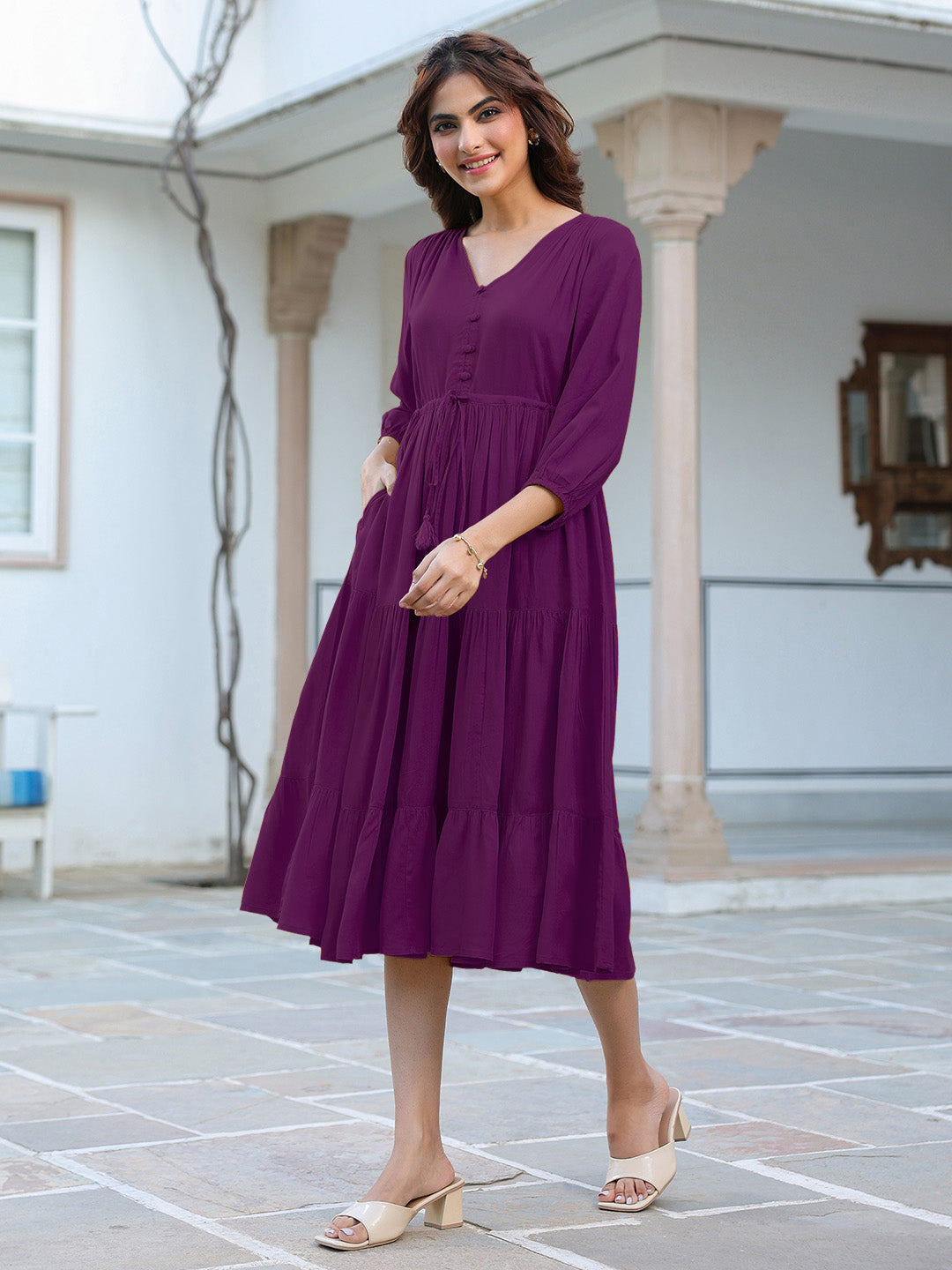 Purple Rayon Solid Tiered Dress