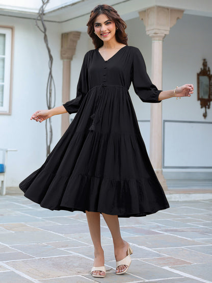 Black Rayon Solid Tiered Dress