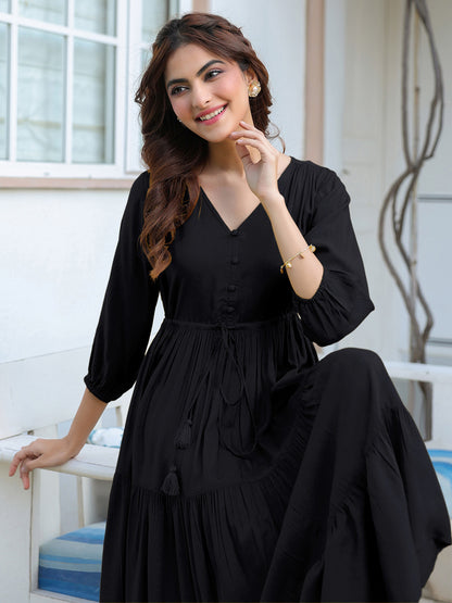 Black Rayon Solid Tiered Dress