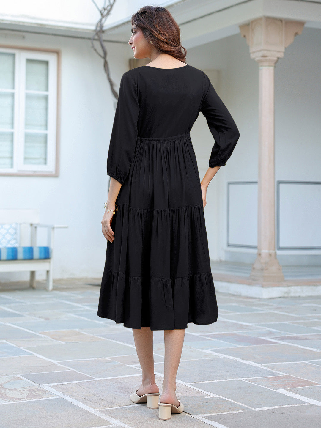 Black Rayon Solid Tiered Dress