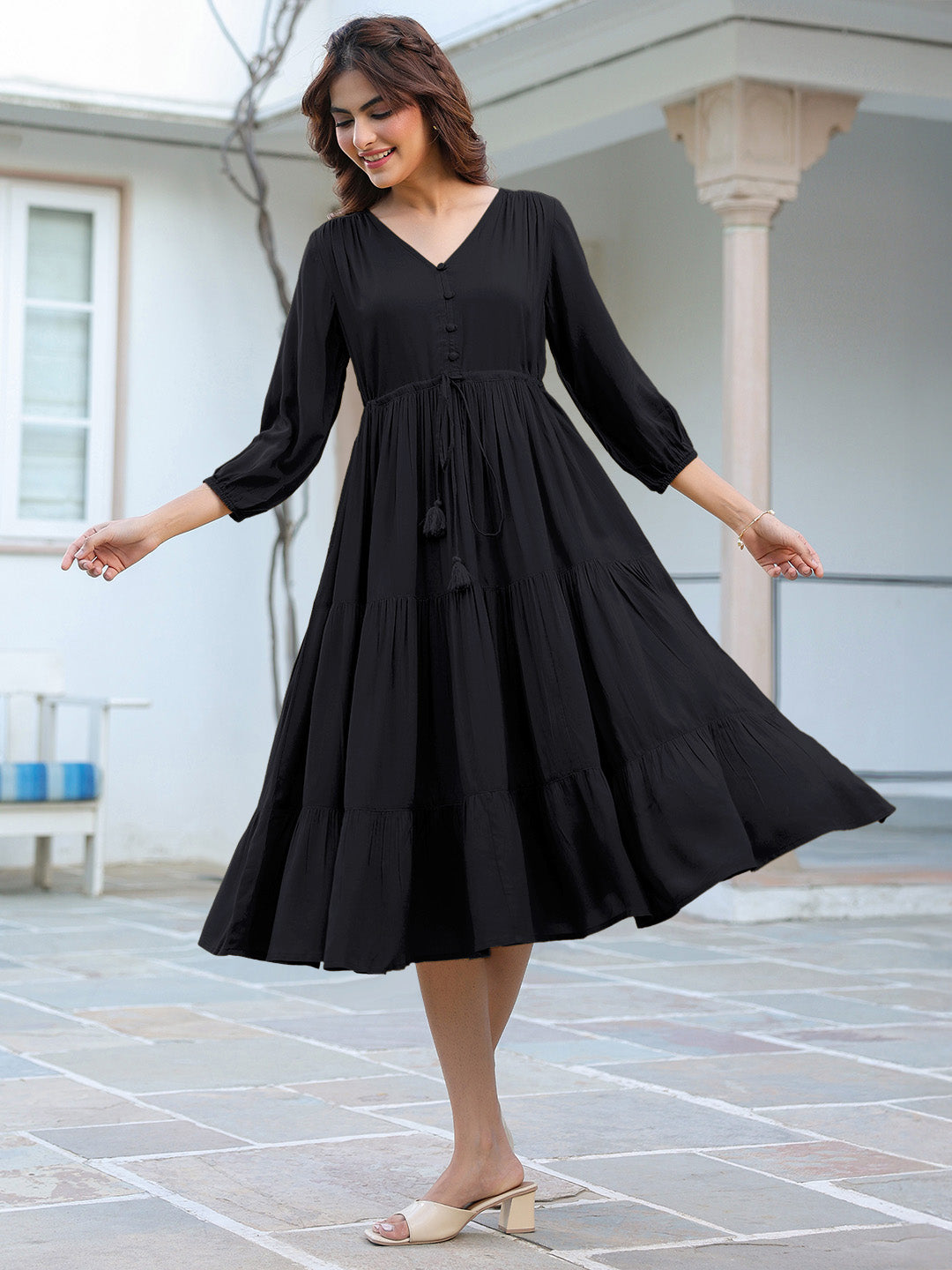 Black Rayon Solid Tiered Dress