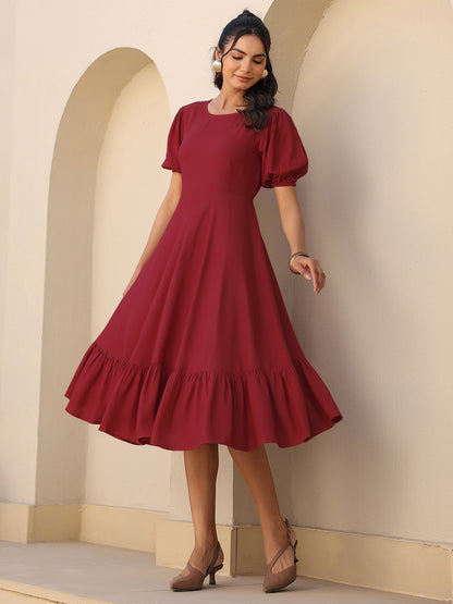 Maroon Rayon Solid A-line Dress