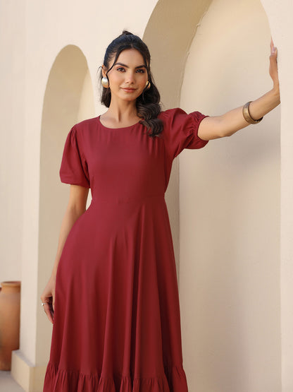Maroon Rayon Solid A-line Dress
