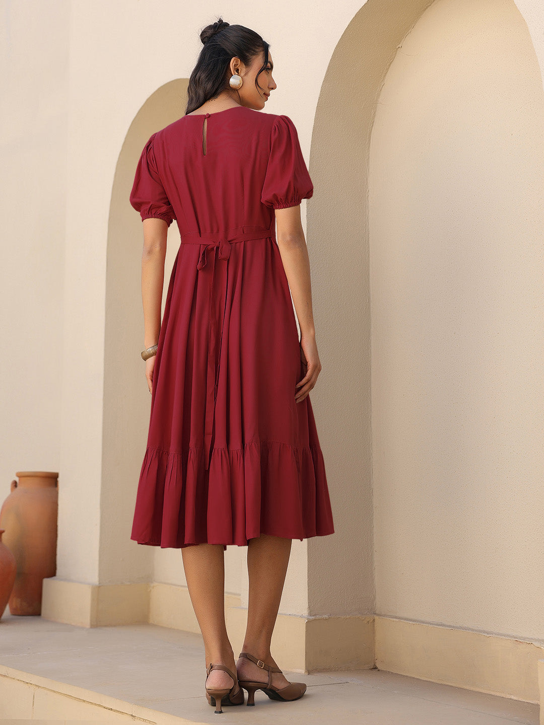 Maroon Rayon Solid A-line Dress