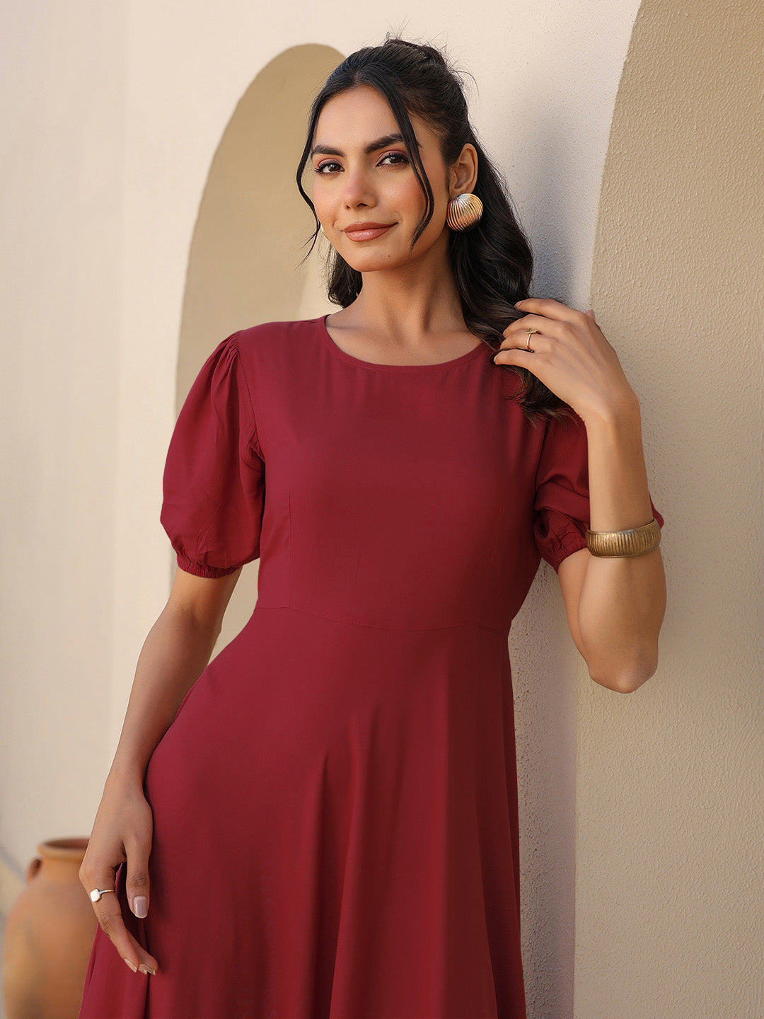 Maroon Rayon Solid A-line Dress