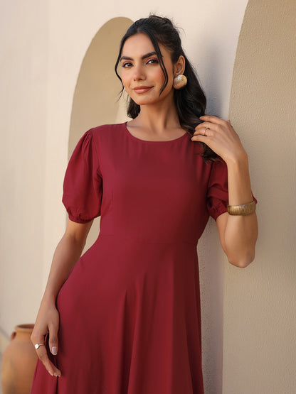 Maroon Rayon Solid A-line Dress