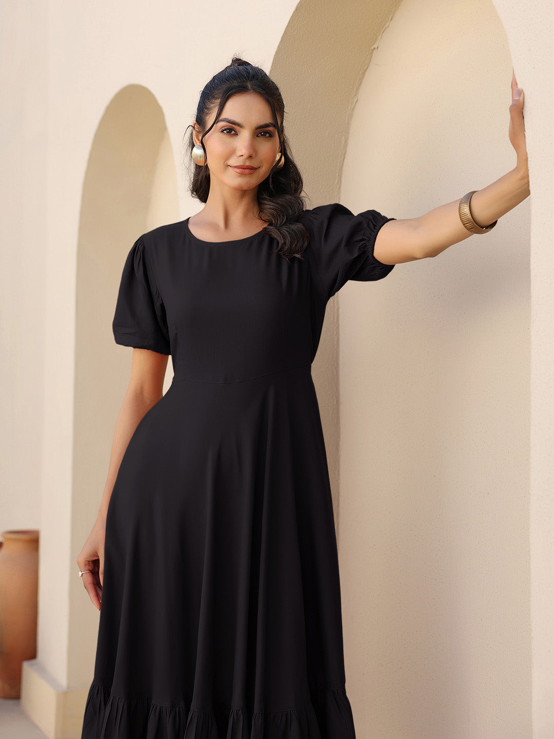 Black Rayon Solid A-line Dress