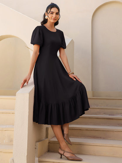 Black Rayon Solid A-line Dress