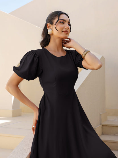 Black Rayon Solid A-line Dress