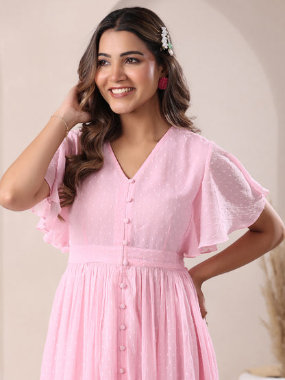 Light Pink Dobby Chiffon Self Design A-line Dress