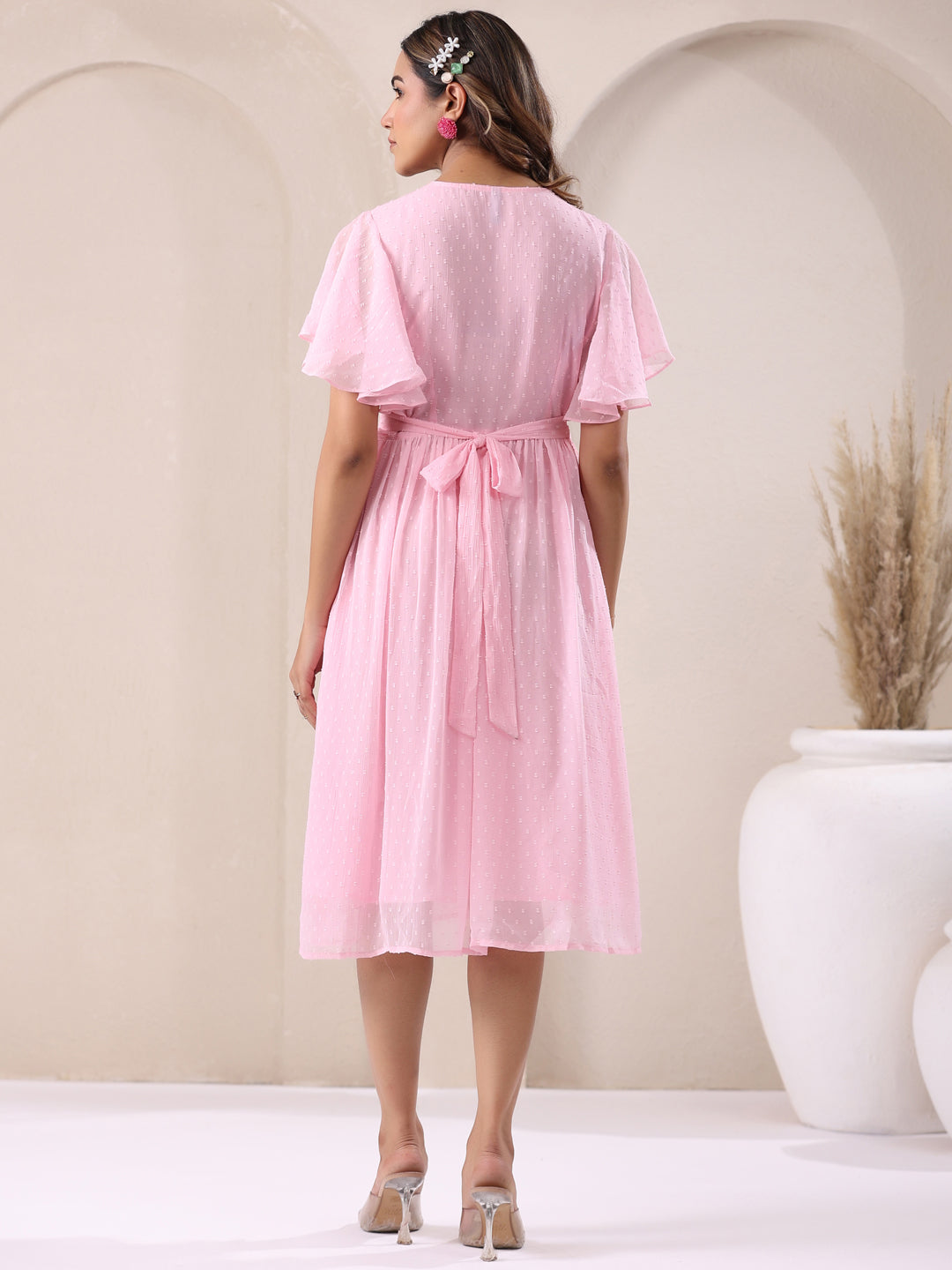 Light Pink Dobby Chiffon Self Design A-line Dress
