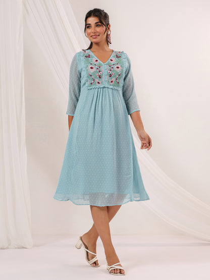Janasya Women's Light Blue Dobby Chiffon Embroidered A-line Dress