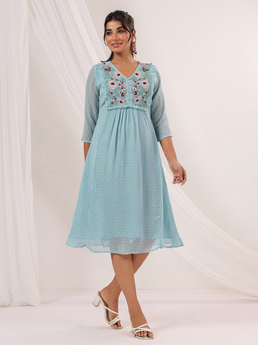 Janasya Women's Light Blue Dobby Chiffon Embroidered A-line Dress