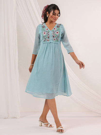 Janasya Women's Light Blue Dobby Chiffon Embroidered A-line Dress