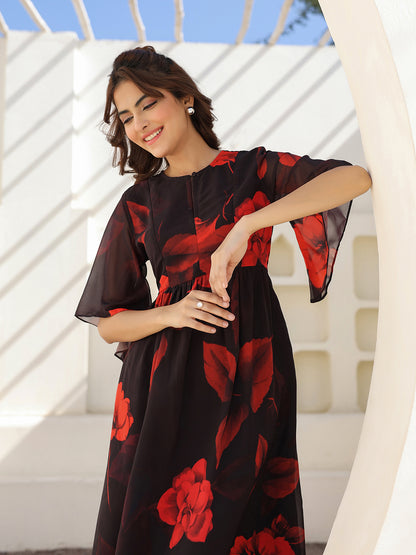 Black Georgette Floral Printed A-line Dress