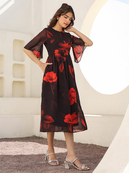 Black Georgette Floral Printed A-line Dress
