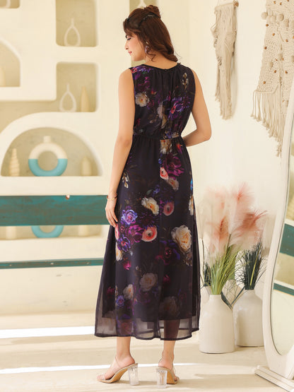 Black Georgette Floral Printed Gathered Dress