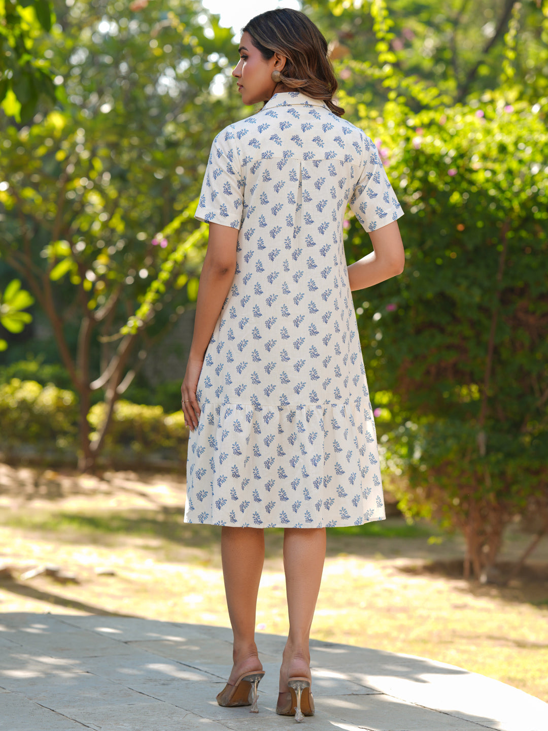 Off White Cotton Flex Floral Printed A-line Shirt Dress