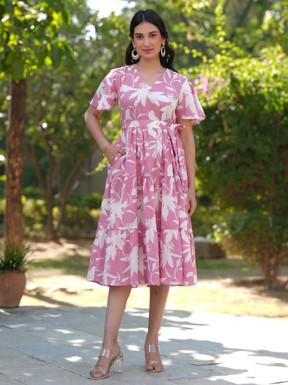 Pink Pure Cotton Floral Printed Tiered Dress