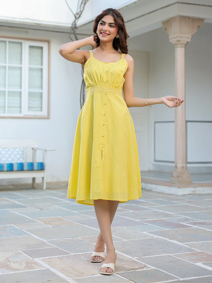 Yellow Pure Cotton Solid A-line Dress