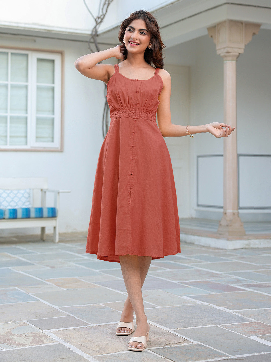Rust Pure Cotton Solid A-line Dress