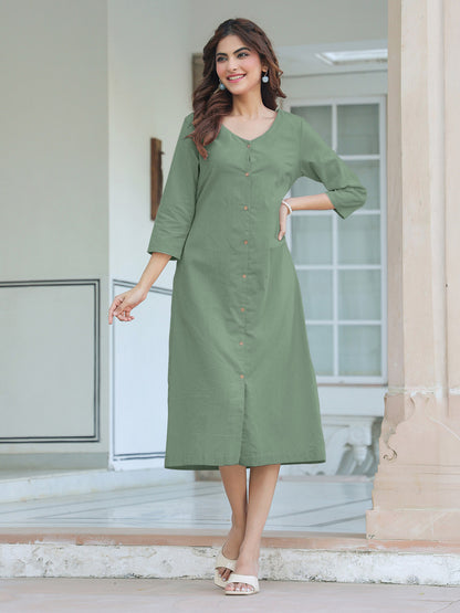 Green Cotton Solid Straight Dress