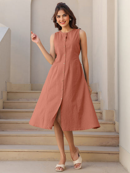 Rust Cotton Solid A-line Dress
