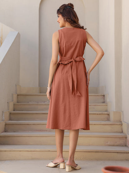 Rust Cotton Solid A-line Dress