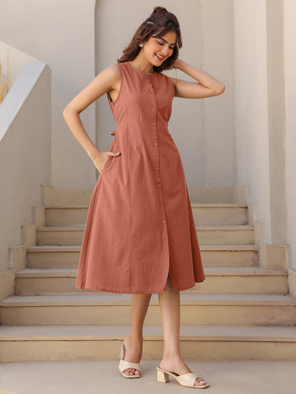 Rust Cotton Solid A-line Dress
